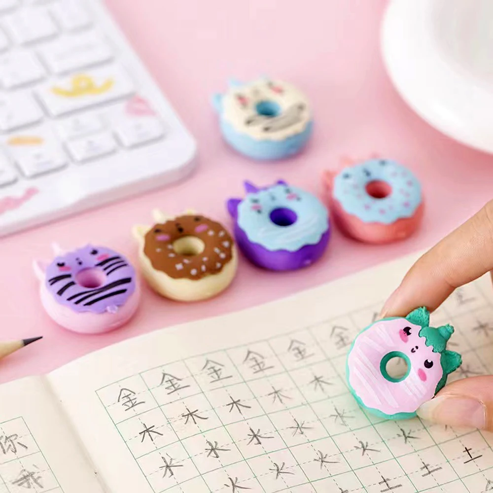 4 Pcs Cute Kawaii Unicorn Donut Rubber Eraser Creative Erasers School Supplies Stationery Kids Students Cool Prizes
