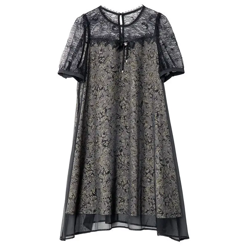 Fashion O-Neck Printed Spliced Gauze Lace Bow Vintage Dress Women's Clothing 2024 Summer New Loose Office Lady Floral Dress