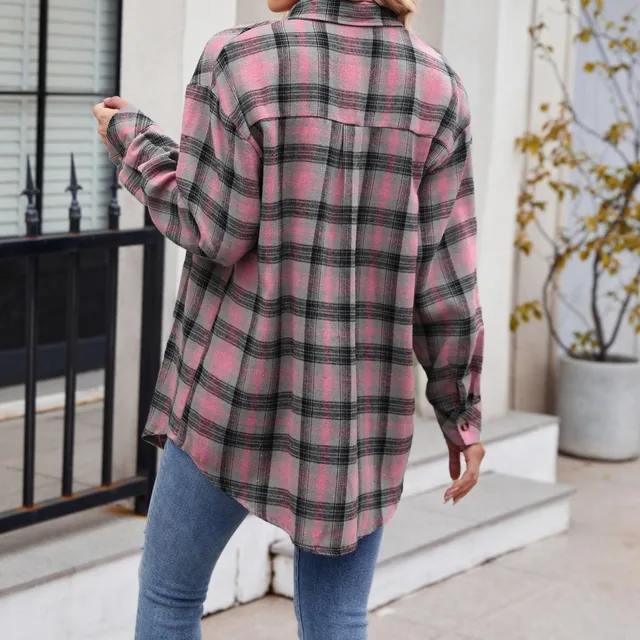 Women V Neck Tee Coat Shirts Lightweight Flannel Plaid Button Down Shirt Oversized Long Sleeve Shirts Youthful Woman Clothes 2