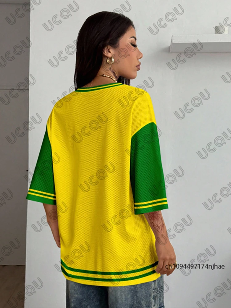 Summer New Brazil Print T Shirt For Women V-Neck Patchwork Short Sleeve Sports Football Jersey Y2K Loose Oversized Vintage Tops - Image 2