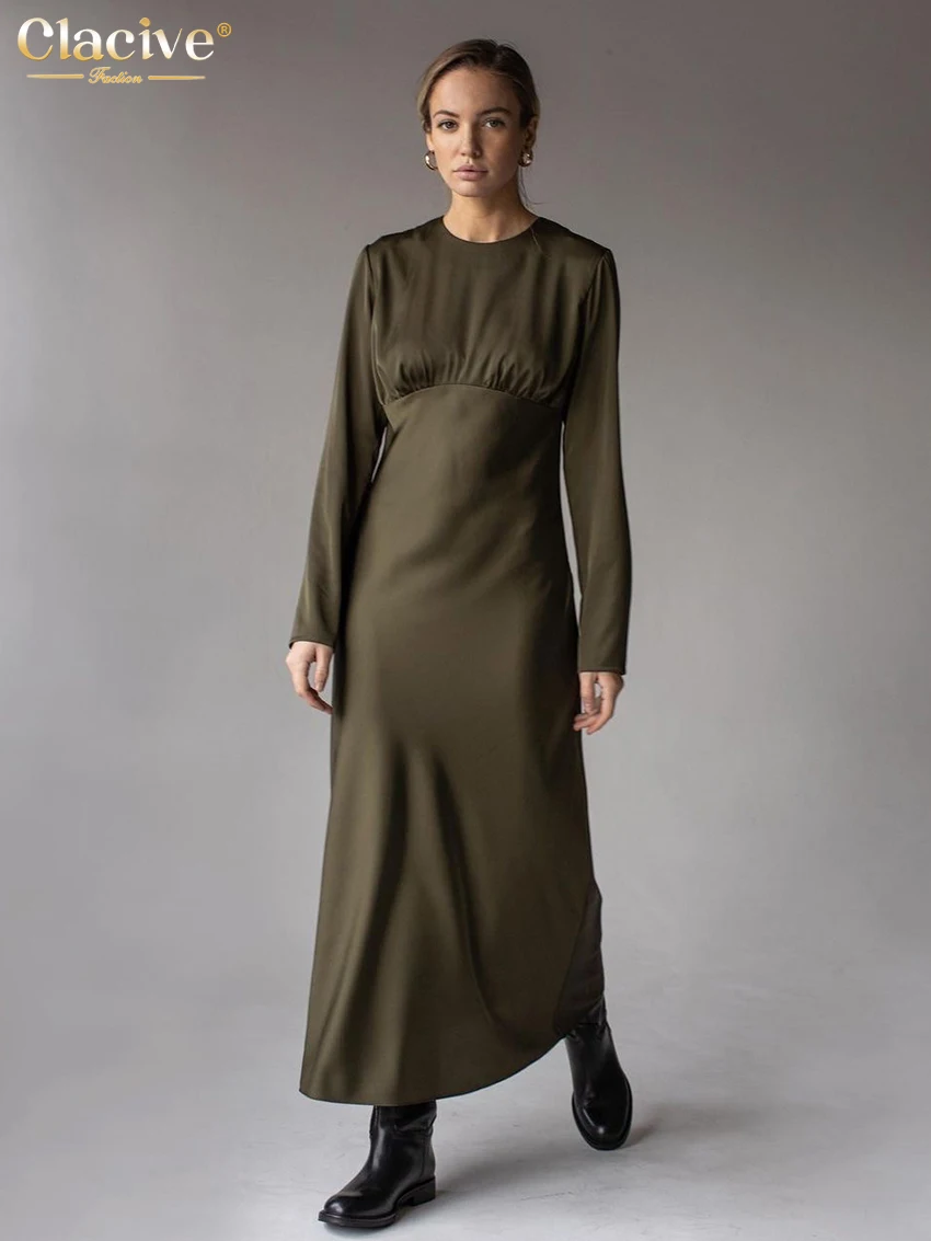

BabYoung Fashion Loose Green Satin Women's Casual O-Neck Long Sleeve Ankle Length Dresses Elegant High Waist Female Dress