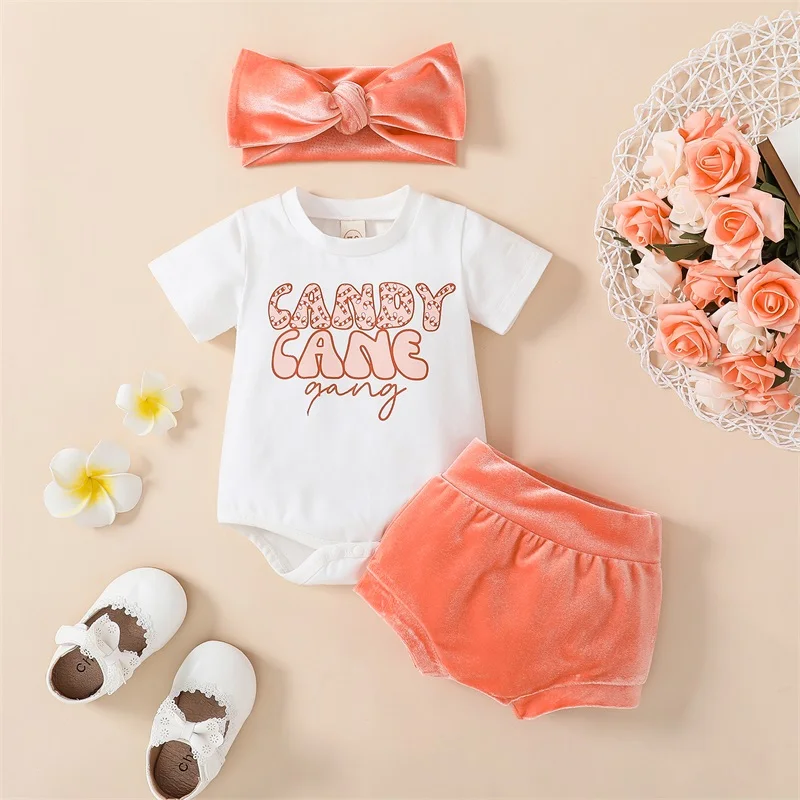 

2023-02-07 Lioraitiin 0-18M Kid Girl Clothes Suit Short Sleeve Round Neck Letters Bodysuit Short Pants Outfit Head Band