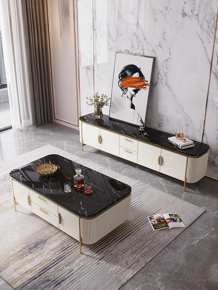 

Light luxury marble TV cabinet, coffee table combination, modern living room, small apartment, high-grade lacquered rock