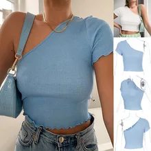 

Women's T-shirt Summer Sexy Diagonal Neck Sports Vest Crop Tops Short Sleeve One Shoulder Solid Color Casual Shirt 2022 New Tee