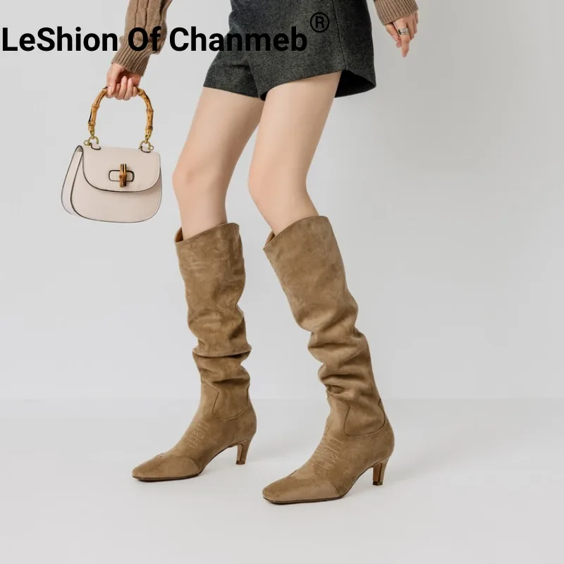 

LeShion Of Chanmeb Women Faux Suede Western Boots Pleated Square Toe Thin Heels Knee Boot Winter Retro Slipon Shoes Ladies 33-41