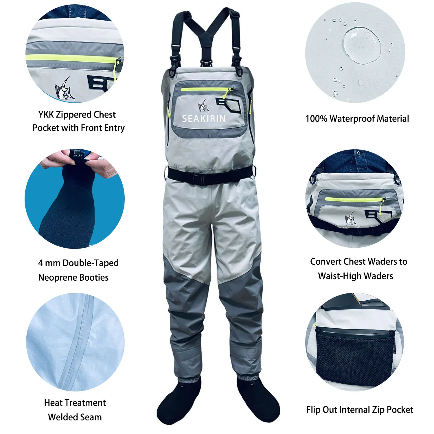 Men's Ultralight Convertible Waders Waterproof Breathable Chest Waist Stockingfoot Wading Pants Clothing for Fly Fishing Hunting