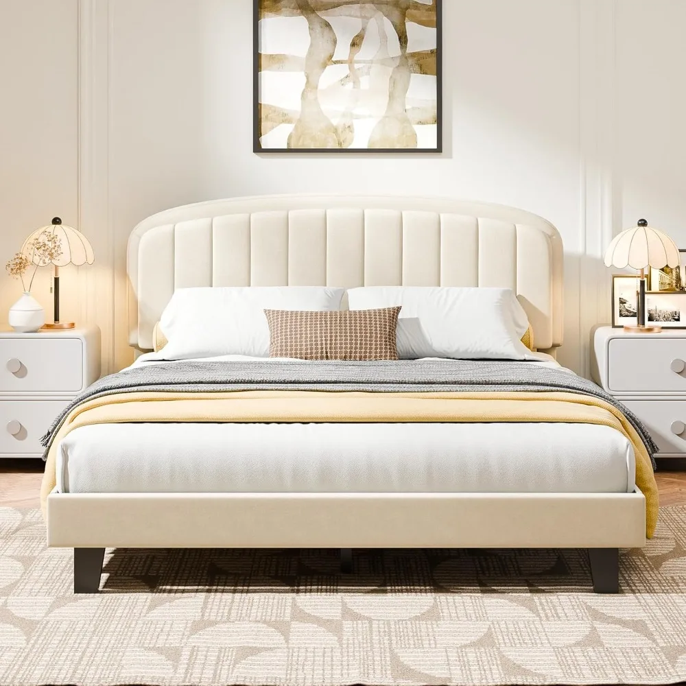 Upholstered Platform Bed, Velvet Adjustable Curved Headboard, Mattress Foundation with Strong Wooden Slats 1
