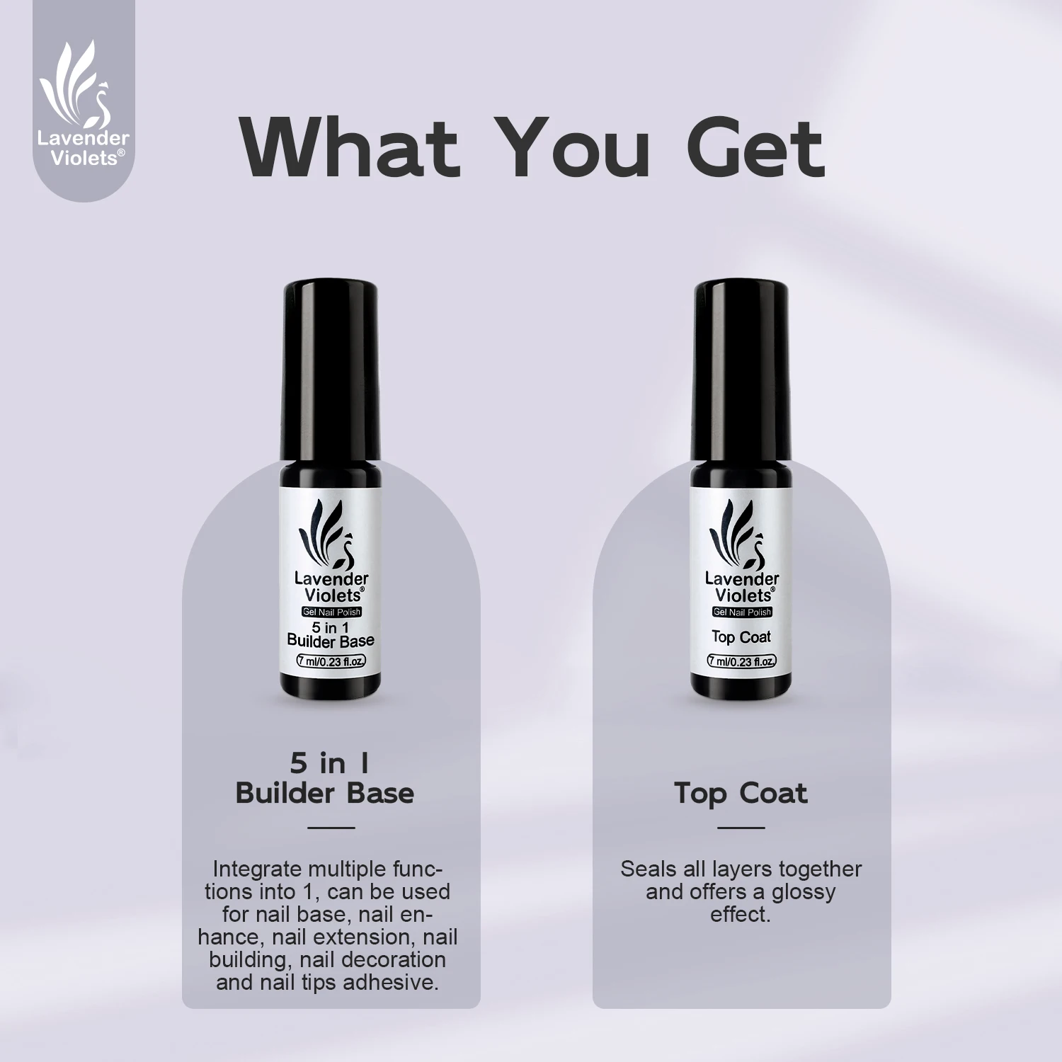 5 in 1 Builder Base Gel Nail Glue & No Wipe Top Coat 2pcs 7ml Long Lasting Soak Off Gel Nail Polish Art Design