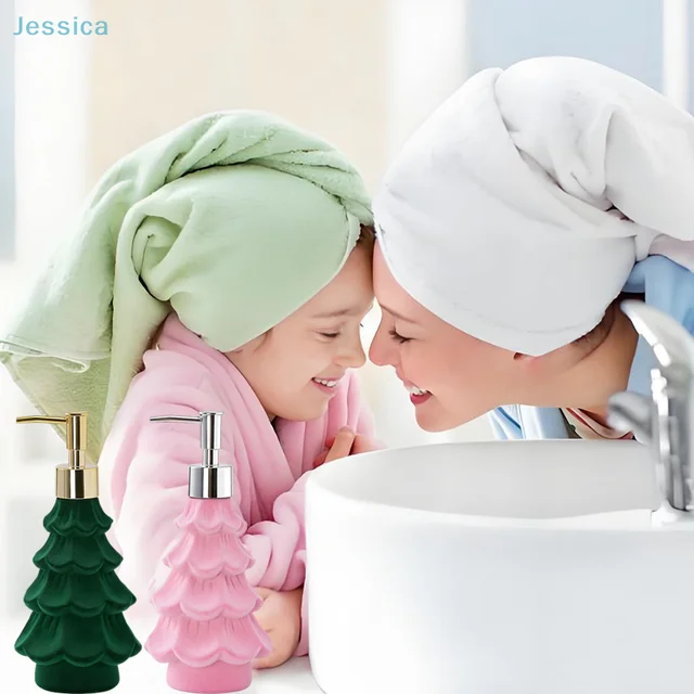♥ เครื่องจ่ายสบู่รูปต้นคริสต์มาส - ขวดสบู่เหลวสำหรับห้องน้ำ/ห้องครัว, ปั๊มโลชั่นตกแต่งเทศกาล (สีเขียว/ชมพู) 4
