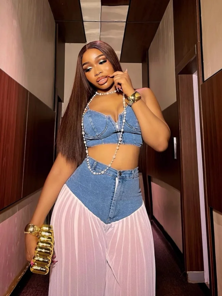 Wmstar Two Piece Sets Women Denim Patchwork V Neck Vest with Pleated Denim Chiffon Trousers Wide Leg Pants Sets Women's Clothing