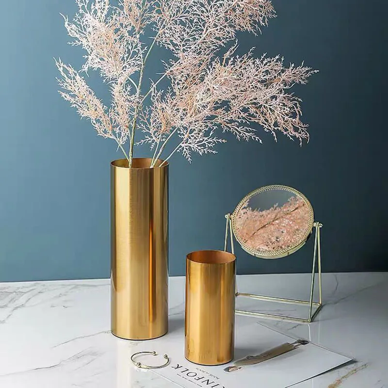 Gold Plated Cylinder Vase Desk Decoration Crafts Minimalist Vases Flowers Pots Decorative Flower Arrangement Modern Home Decor 2