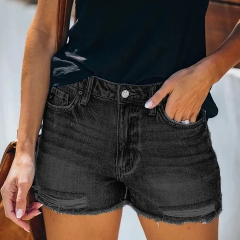 Women High Waist Button Splicing Denim Shorts Summer Broken Holes Tassel Three Quarter Pants Female Fashion Commuter Mini Jeans
