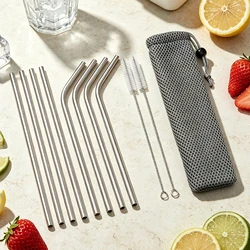 Elegant Gold Stainless Steel Reusable Straw Set with Cleaning Brush - 11 Pieces (Silver)