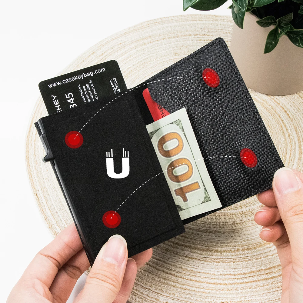 CASEKEY uomo donna Portafoglio RFID Mini custodia Saffiano porta carte Pop-Up magnetico a tre ante in vera pelle con portamonete portamonete