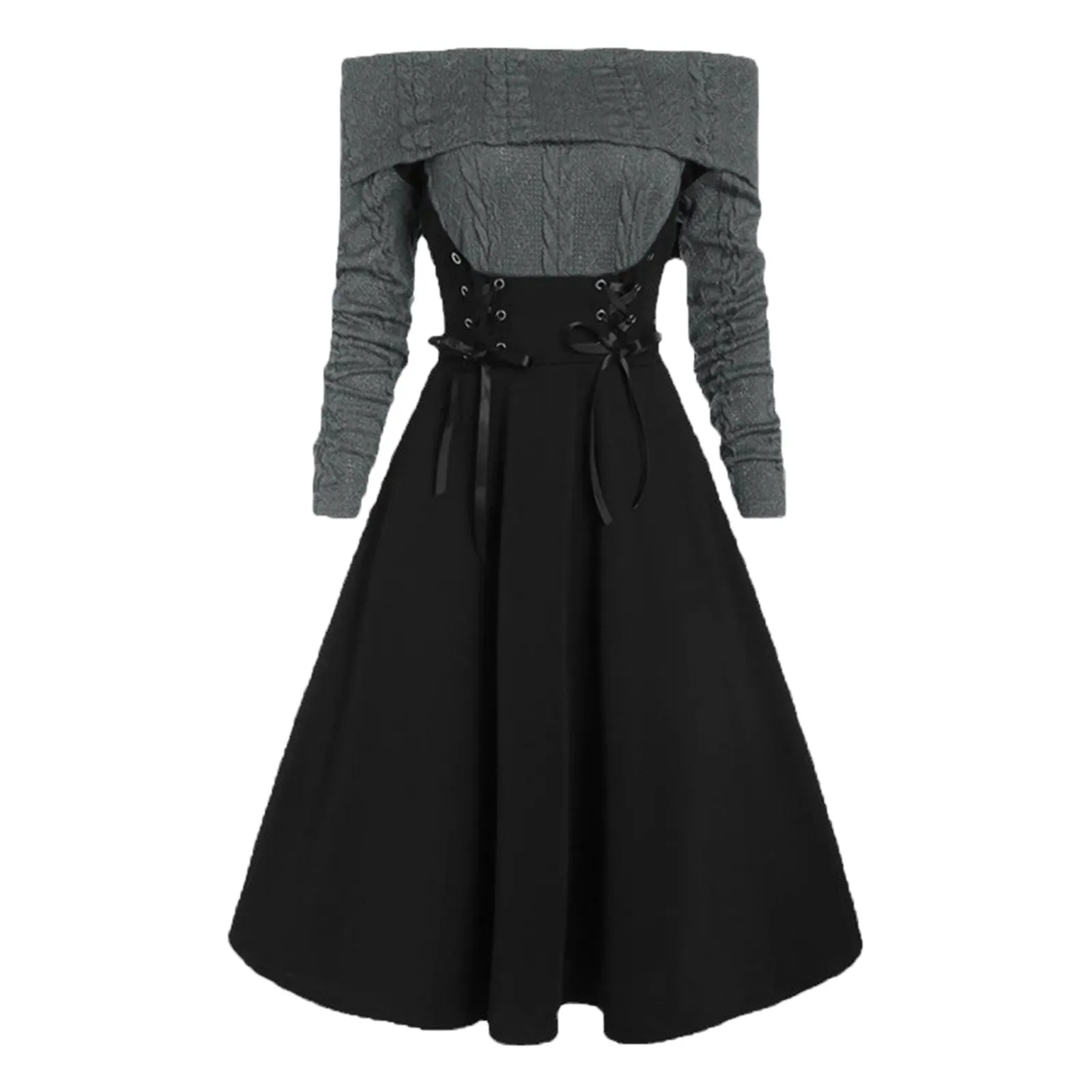 

Women Vintage Sexy One Line Neck Waist Long Sleeve Tie Knit Maxi Dress Smocked Dresses for Women Women's Summer Dress