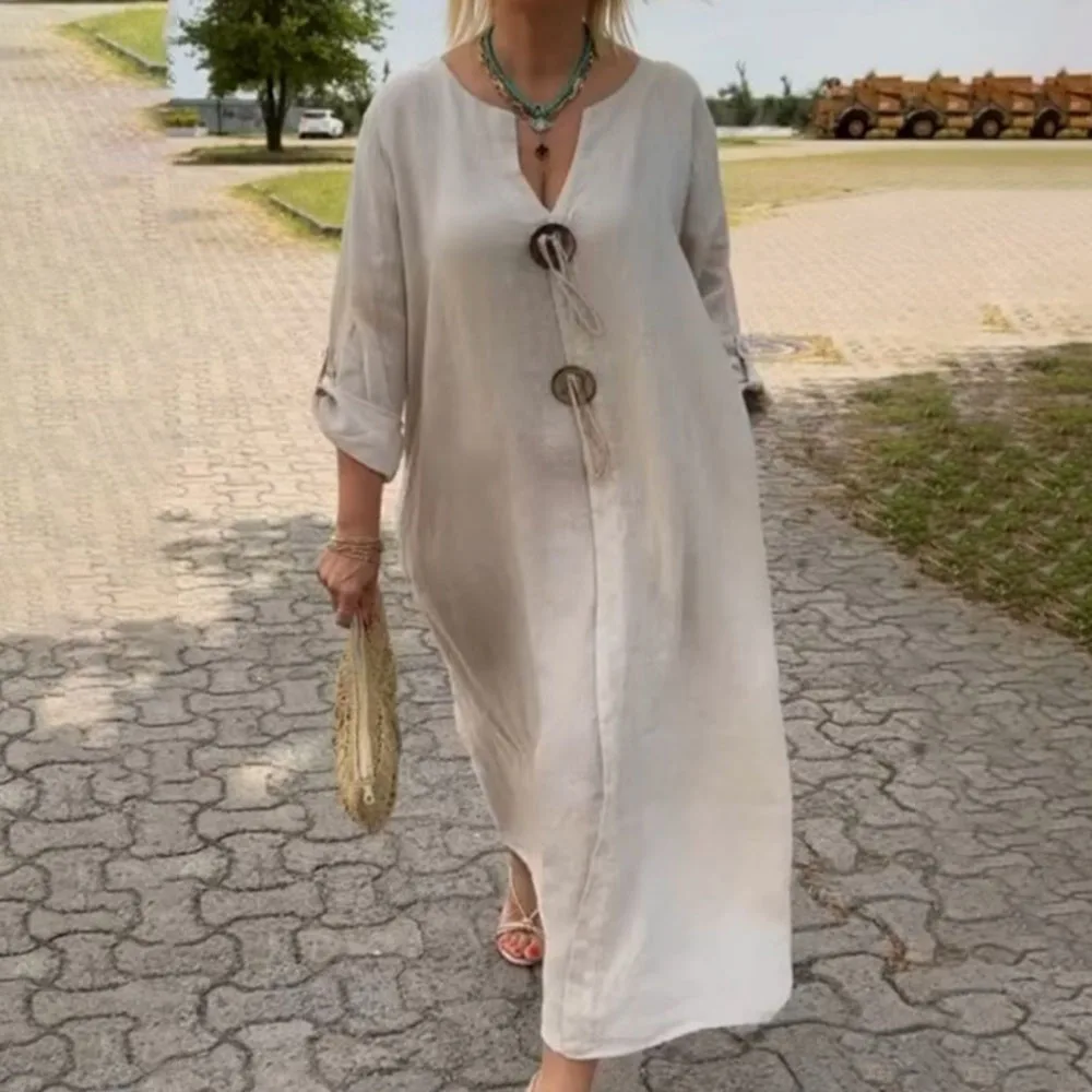 فستان طويل نسائي بأكمام قصيرة ، فساتين فضفاضة غير...