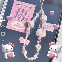 Cartoon cute beaded KITTY cat pink Sanrio hand-painted cute mobile phone chain anti-lost camera rope hanging chain decoration