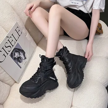 Chunky Platform White Motorcycle Boots Women Buckle Lace Up Thick Bottom Ankle Boots Woman 2024 Autumn Fashion Vulcanized Shoes 1