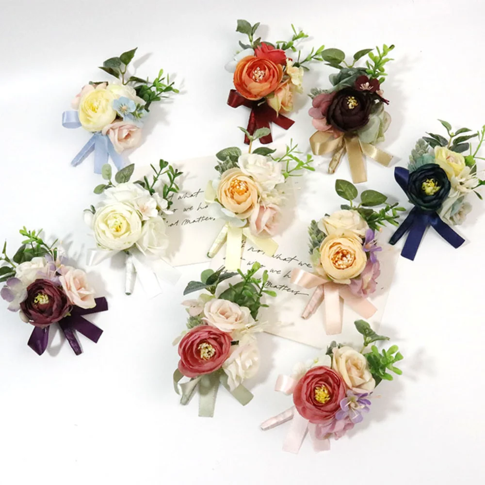 Colorful Flowers Boutonnieres for Men Silk Roses Artificial Wrist Corsages Bracelet Pins for Marriage Wedding traje de novio