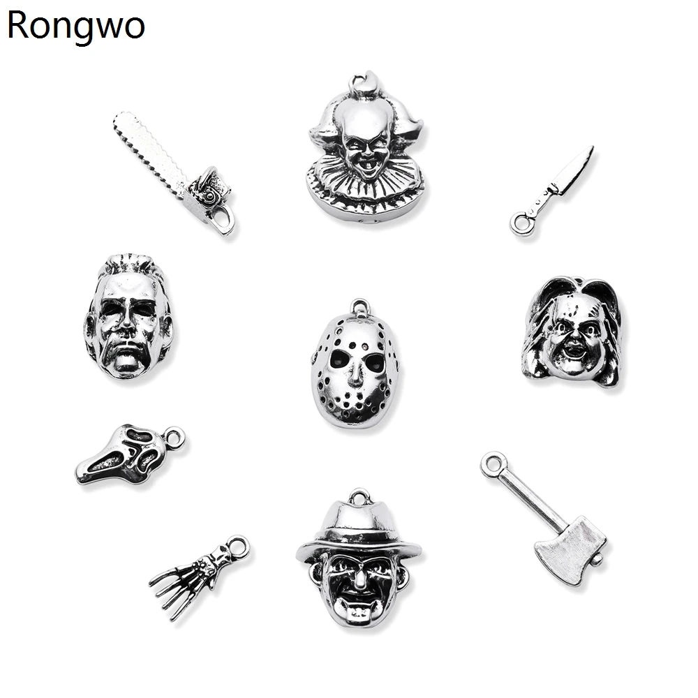 Rongwo 10pcs Horror Movie Charm for Jewelry Making Silver Plated Jason Pendant for DIY Halloween Jewelry Gift