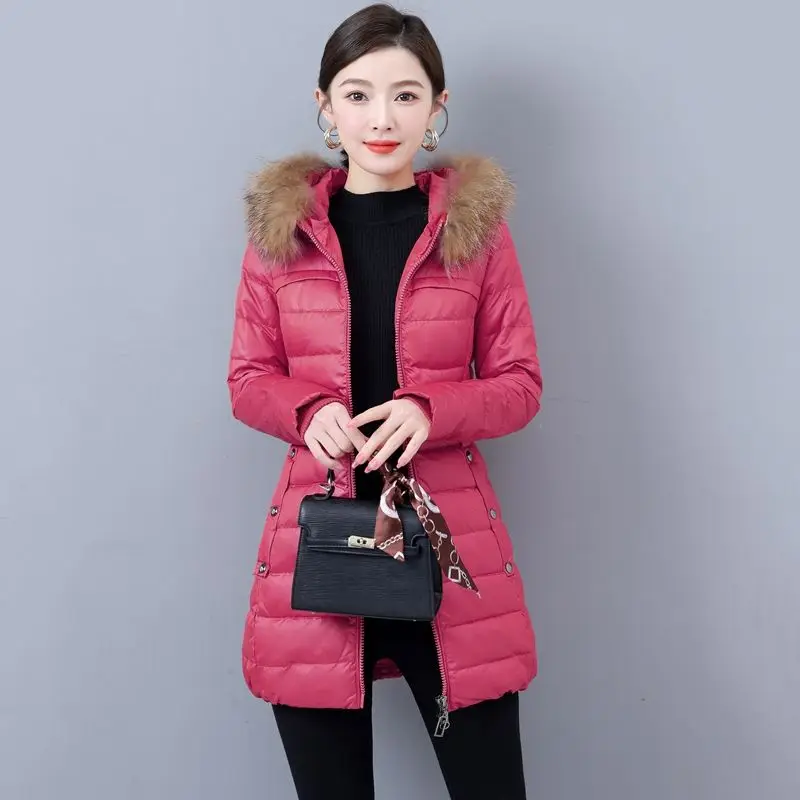 2023 New Women Down Jacket Winter Coat Female Mid Length Version Parkas Slim Fit Thick Warm Outwear Hooded Fur Collar Overcoat