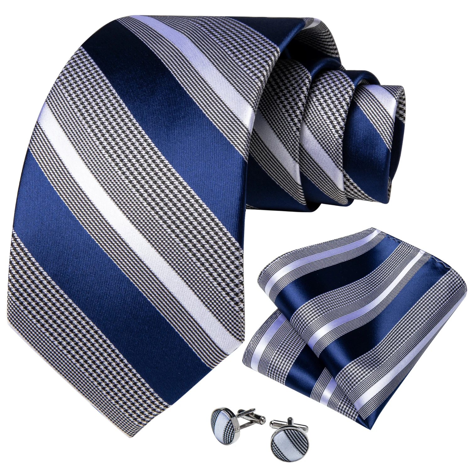 Luxury Blue Striped Mens Necktie Set - 8cm Width with Pocket Square  Cufflinks for Wedding  Business