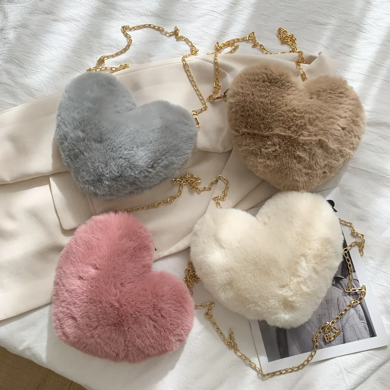 Fashion Women's Heart Shaped Handbags Cute Kawaii Faux Fur Crossbody Bags Wallet Purse Plush Chain Shoulder Bag Lady Handbag