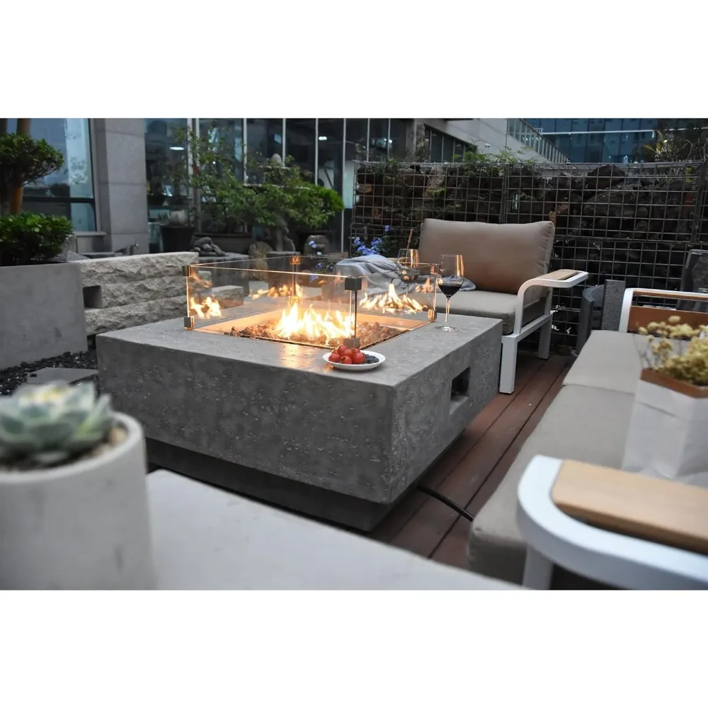 Manhattan Concrete Fire Pit 36" x 36" Outdoor Patio Firepit Includes Lava Rocks Modern Fire Pits & Outdoor Fireplaces for Garden