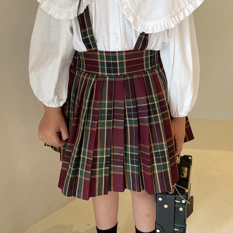 Autumn Girls Blouse Doll Collar Turn-down Shirt Fashion Children Tees Cotton Tops Long Sleeve Kid Clothing +plaid Overall skirt