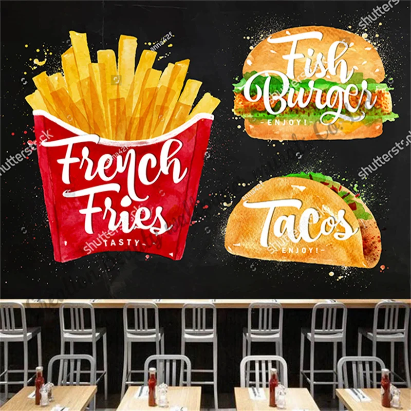 

Custom Wallpaper Burger Taco Fries Industrial Decoration Mural Fast Food Restaurant Snack Bar Background Wall Papel De Parede