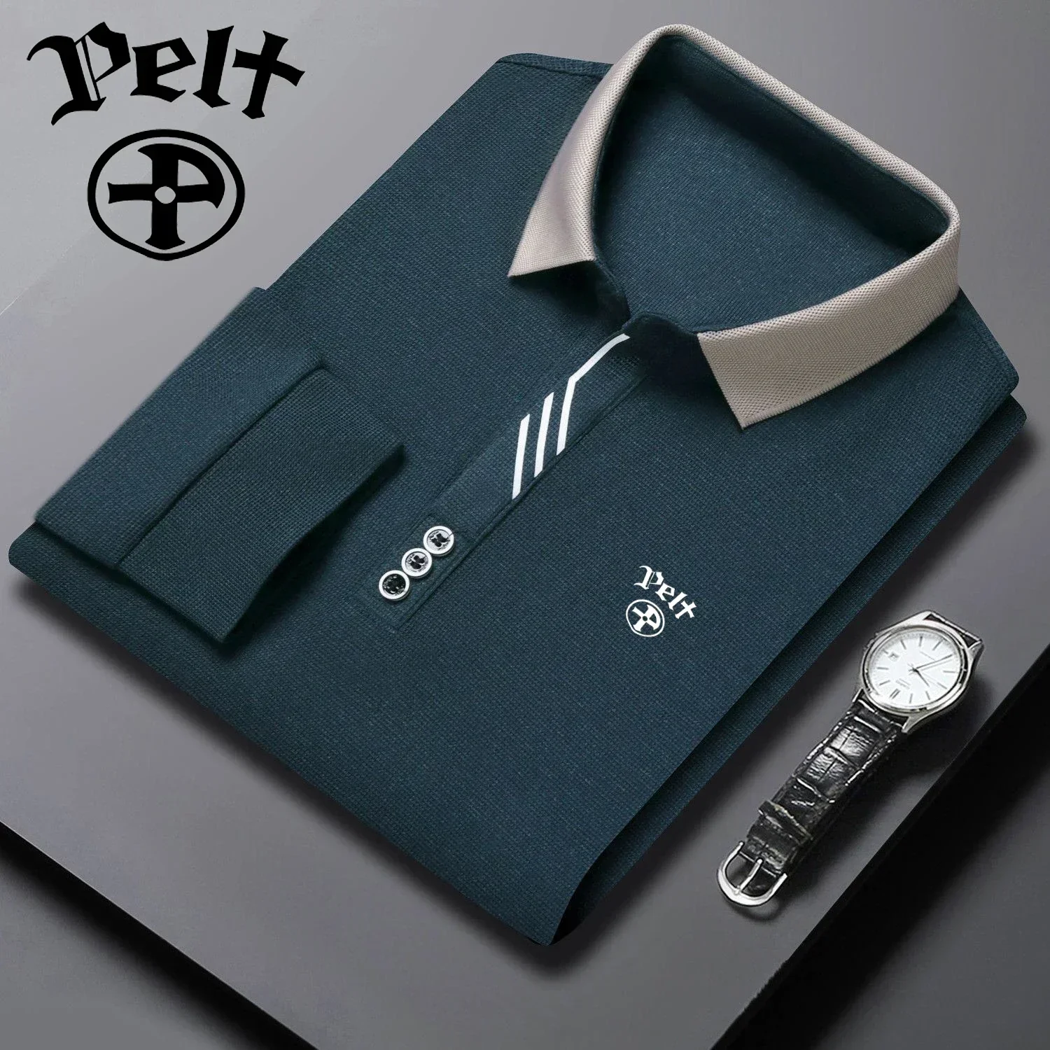 Polo Shirt Pelf Fashion Men Trend POLO Business Leisure Golf Long Sleeved Fur T-shirt