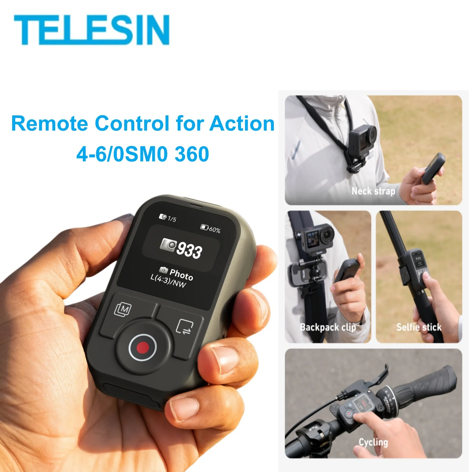 TELESIN 60M T13 Telecomando intelligente compatibile con Bluetooth con display sul cinturino da polso per DJI OSMO Action 6 5pro 4 OSMO 360
