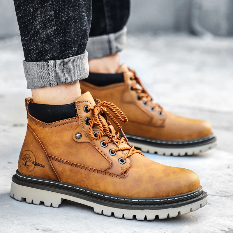 

Men's Winter Boots Luxury Leather Warm Fur Classic Ankle Boots Outdoor Brand Motorcycle Boots Lace Up Men Casual Leather Boots