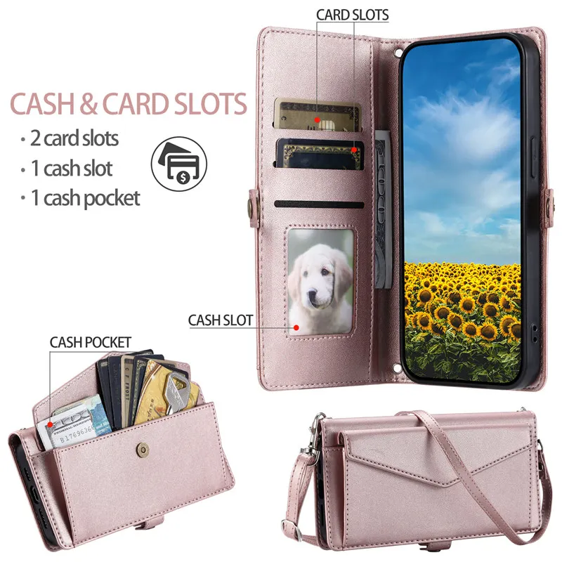 Elegant Leather Flip Stand Phone Case with Crossbody Handbag and Wallet Card Holder Feature