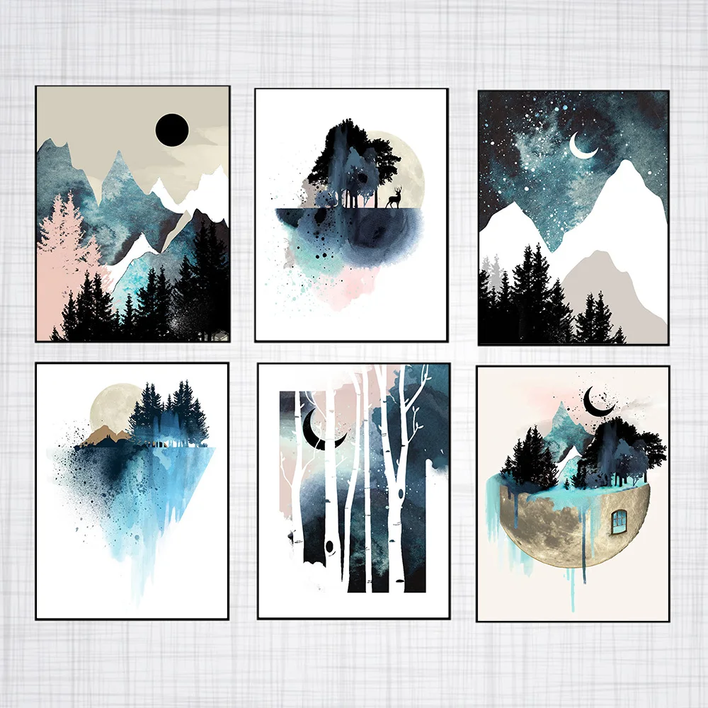 Blue Mountain Poster E Stampa Sun Moon Nature Forest Acquerello Tela Pittura Quadri Moderni Per Soggiorno Decorazioni Per La Casa