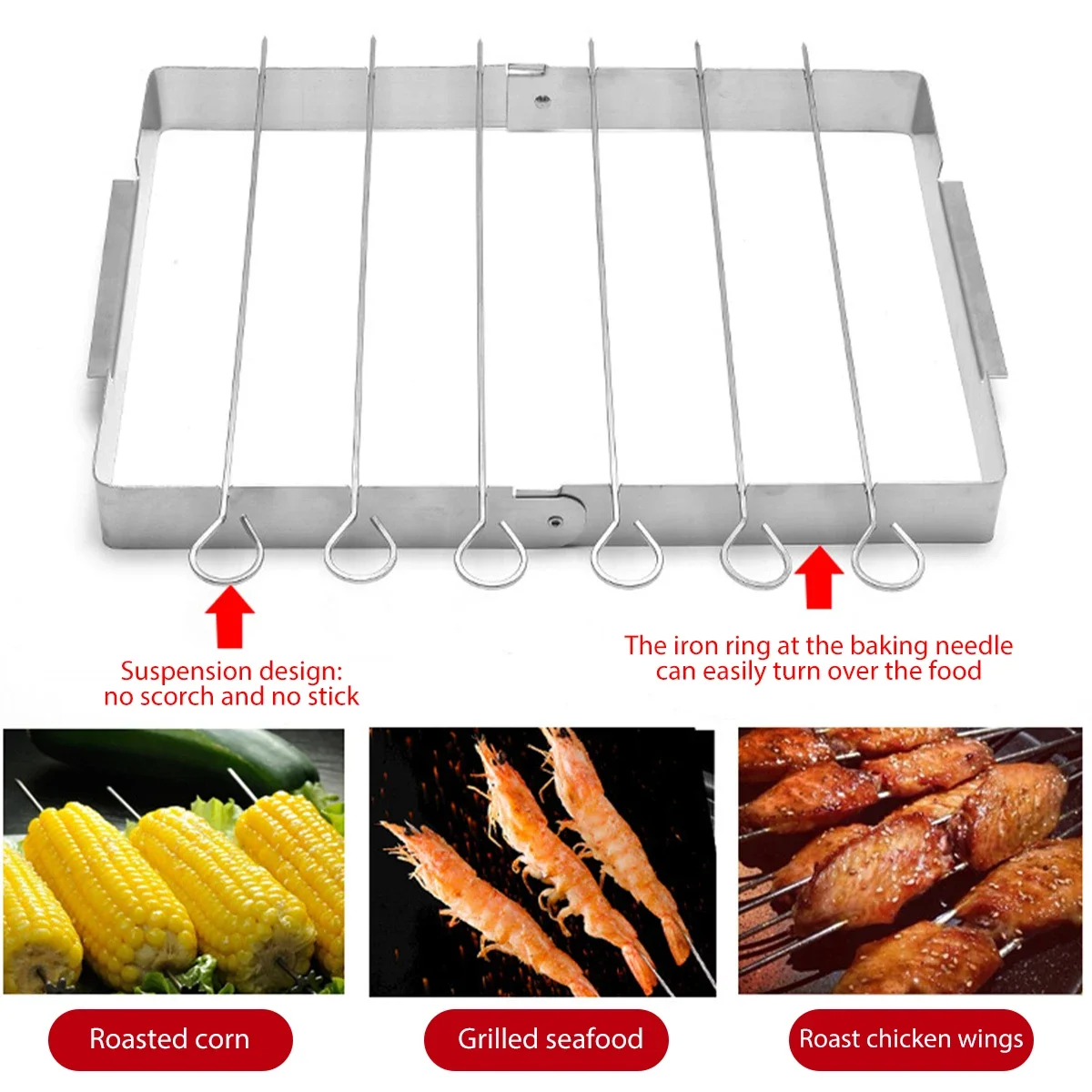 BBQ Skewer Rack Stainless Steel BBQ Metal Skewers Foldable Rotating Rotisserie Grill Rack with 6 Skewers for Shish Kebab