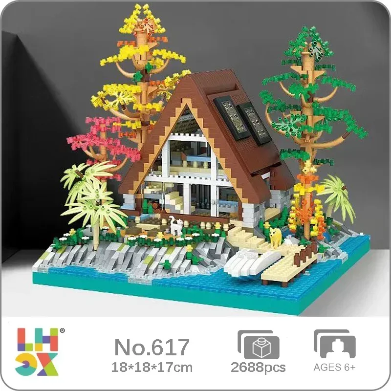 Lhcx 617 World Architecture Lakeside Cabin Forest Wooden House Wharf Motoscafo 3D Mini Diamond Blocks Mattoni Building Toy No Box