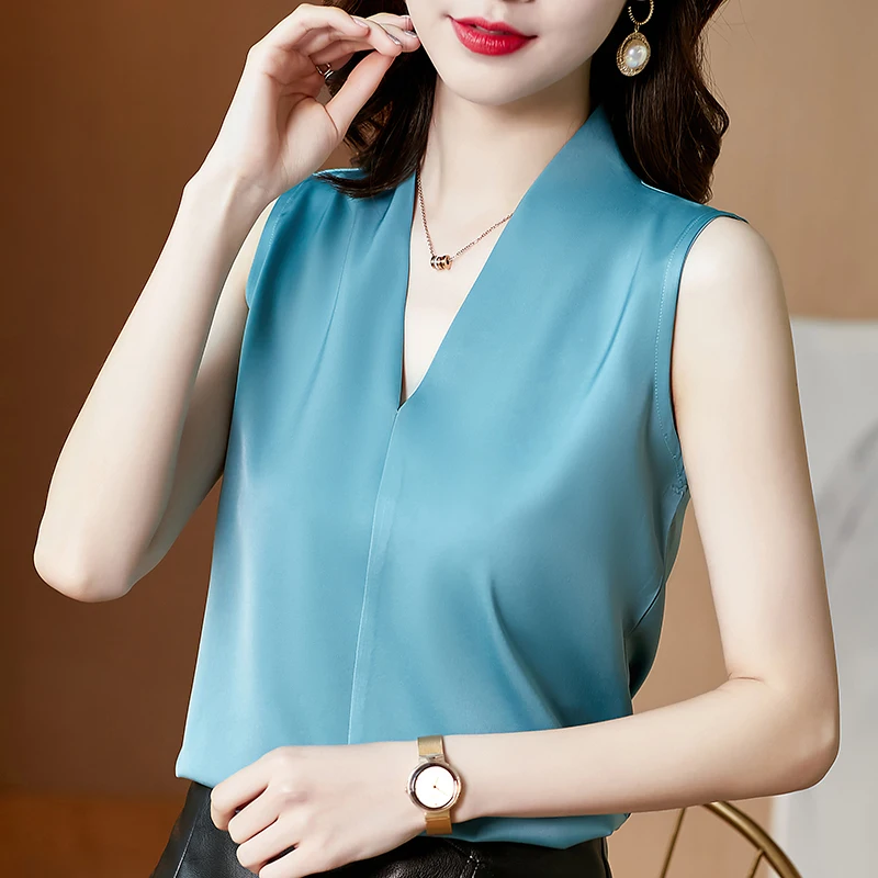 Casual Solid Color Sleeveless Shirts 2025 Summer Satin Blouse Women Tops V Neck Women Clothing Casual Ladies Shirts 13381