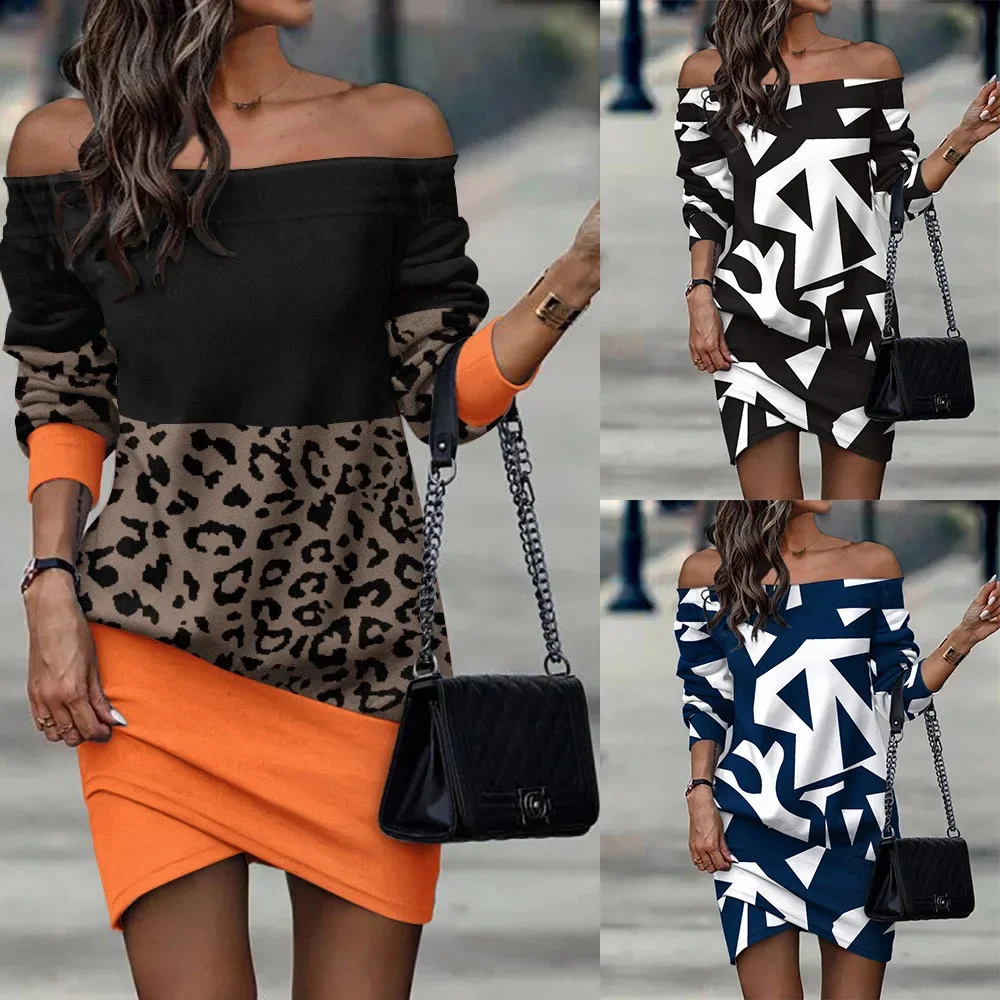 

Women Print Splice Full Sleeve Dresses Irregular Slash Neck High Waist Mini Dress Elegant Office Ladies A Line Skirt Regular Fit