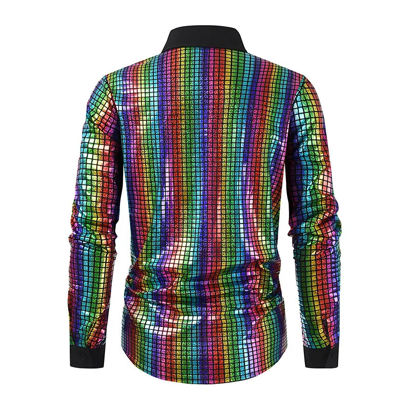 #4665 Colorful Plaid Sequined Shirt Men Turn-down Collar Streetwear Dance Singer Cosplay Night Club Men's Shirt Long Sleeve 