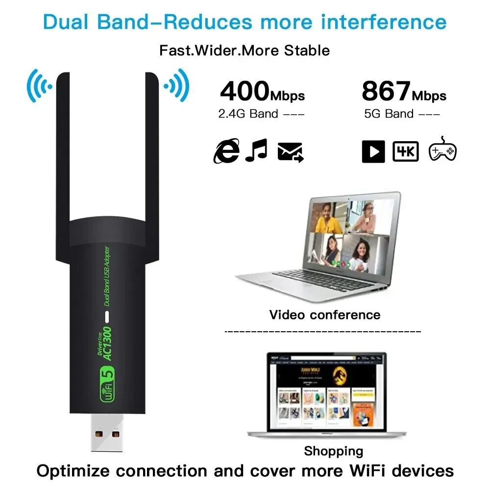 WiFi USB Adapter 1300Mbps Dual Band 2.4G/5Ghz Wi-Fi Dongle 802.11AC Powerful Antenna For PC/Laptop Driver Free
