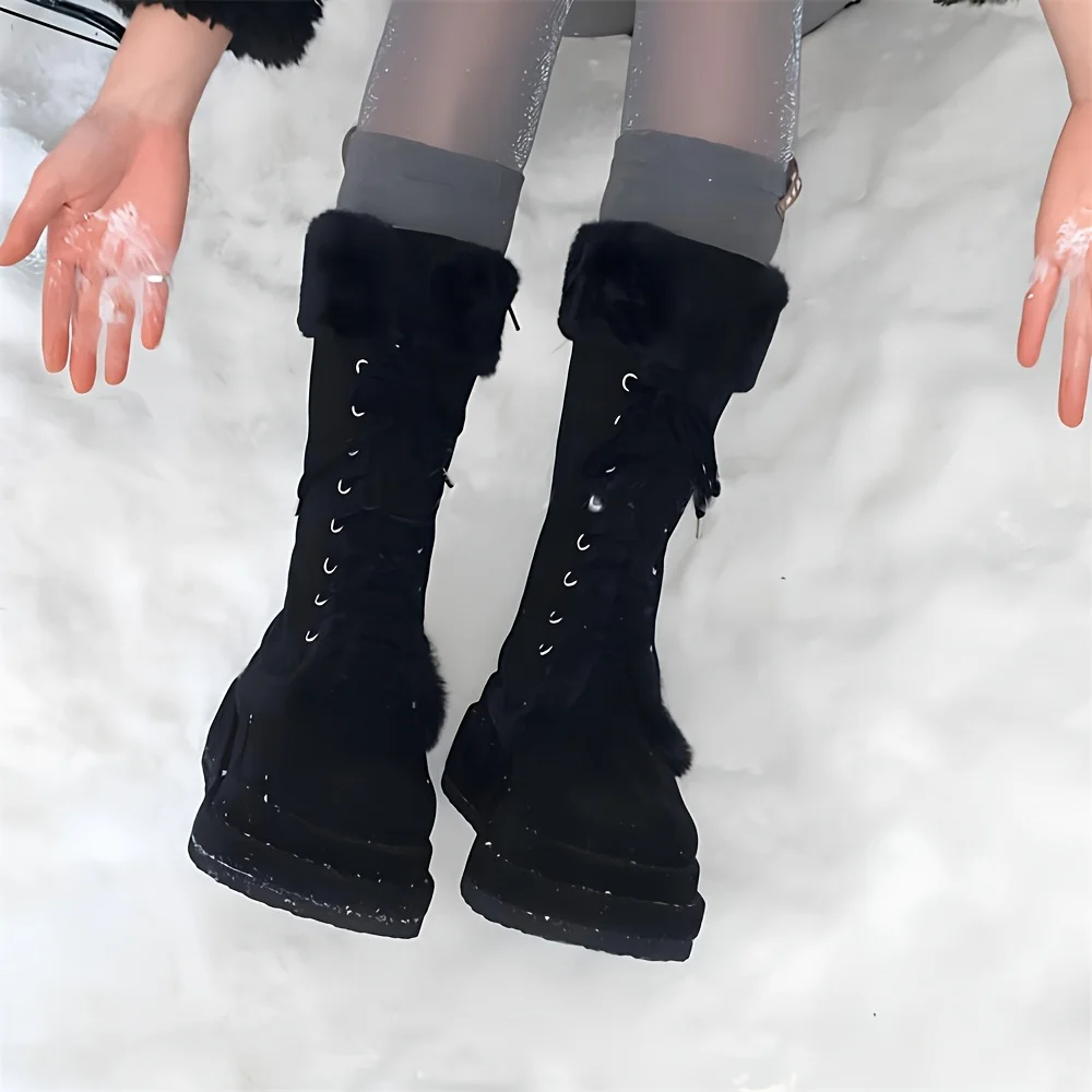 Winter Warm Fur Mid Calf Snow Boots Fashion Platform Wedges High Heels Side Zipper Lace-up Boots for Women 4