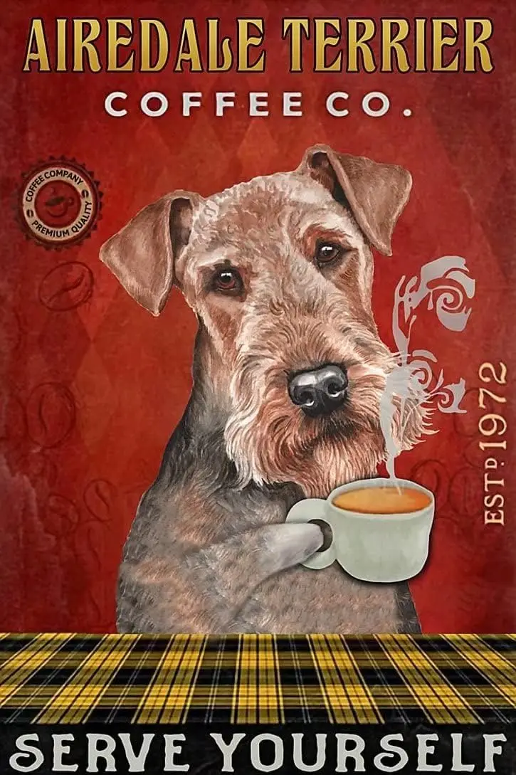 Metal Tin Sign Airedale Terrier Coffee Serve Self Sign Vintage Tin Sign Retro Sign Insegne In Alluminio Per Cucina Home