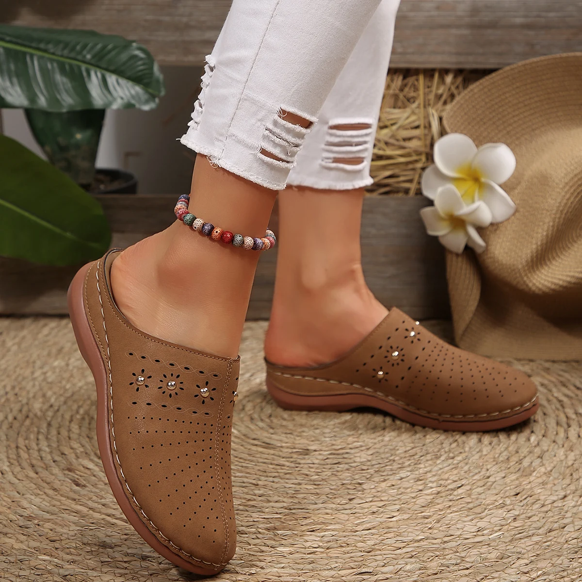 Neue Modische Damen-Slipper Sommerschuhe aus Spaltleder mit Hohlmustern Atmungsaktive Baotou-Sandalen Bequem und Leicht – Detail 21