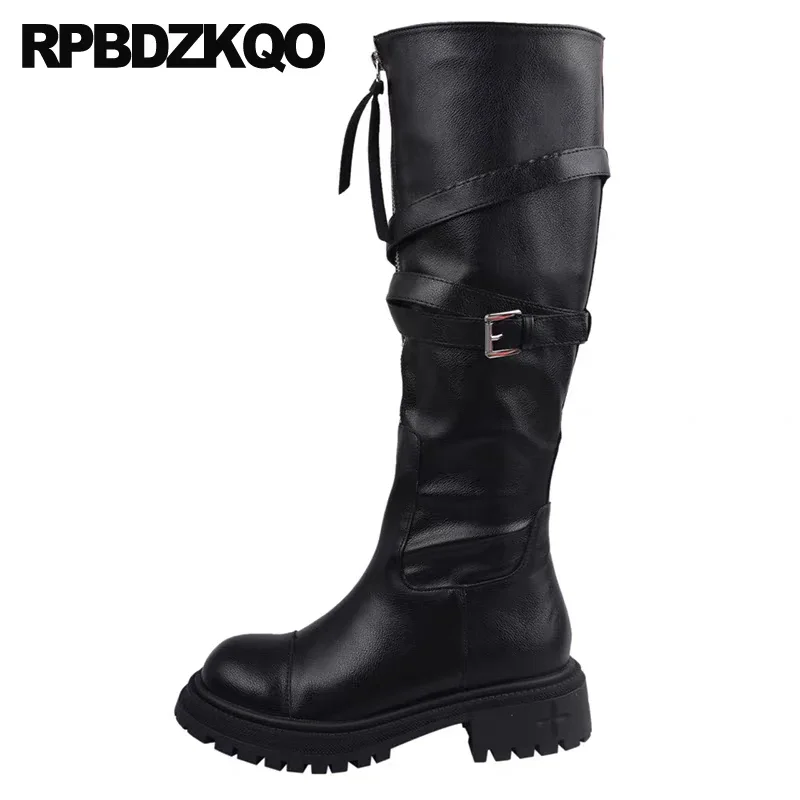 

Motorcycle Long Biker Belts Knee High Thick Designer Round Toe Boots Autumn Punk Front Zipper Women Shoes Rock Y2k Fashion Tall