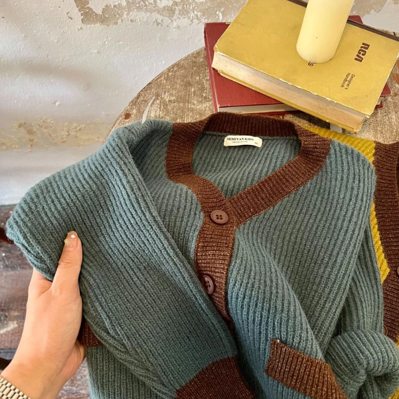 Children Sweater Boy Girl Contrast Knitted Cardigan Baby V-neck Sweater Coat Winter Baby Girl Cloth ملابس شتويه اطفال كنزة صوفية