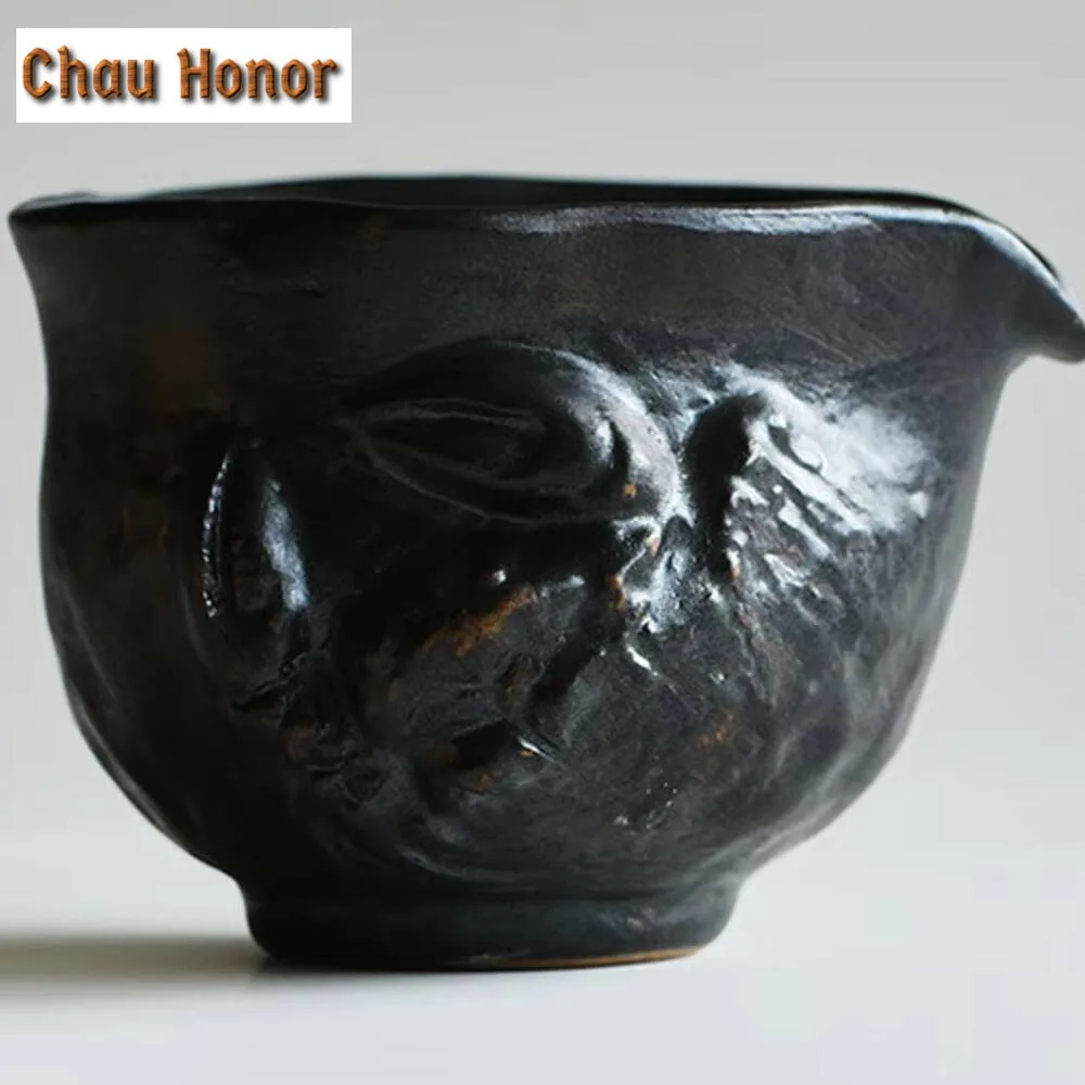 170ml Handmade Embossed Crab Tea Pitcher Japanese Black Coarse Pottery Cha Hai Justice Cup Zen Kung Fu Teaware Craft Supplies