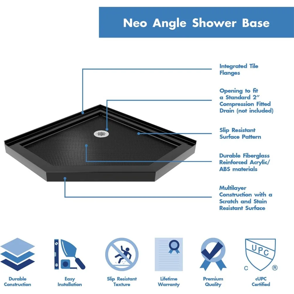 Corner Drain Neo-Angle Shower Base in Black, 36 in. D X 36 in. W X 2 3/4 H,DLT-2036360-88, Shower Base