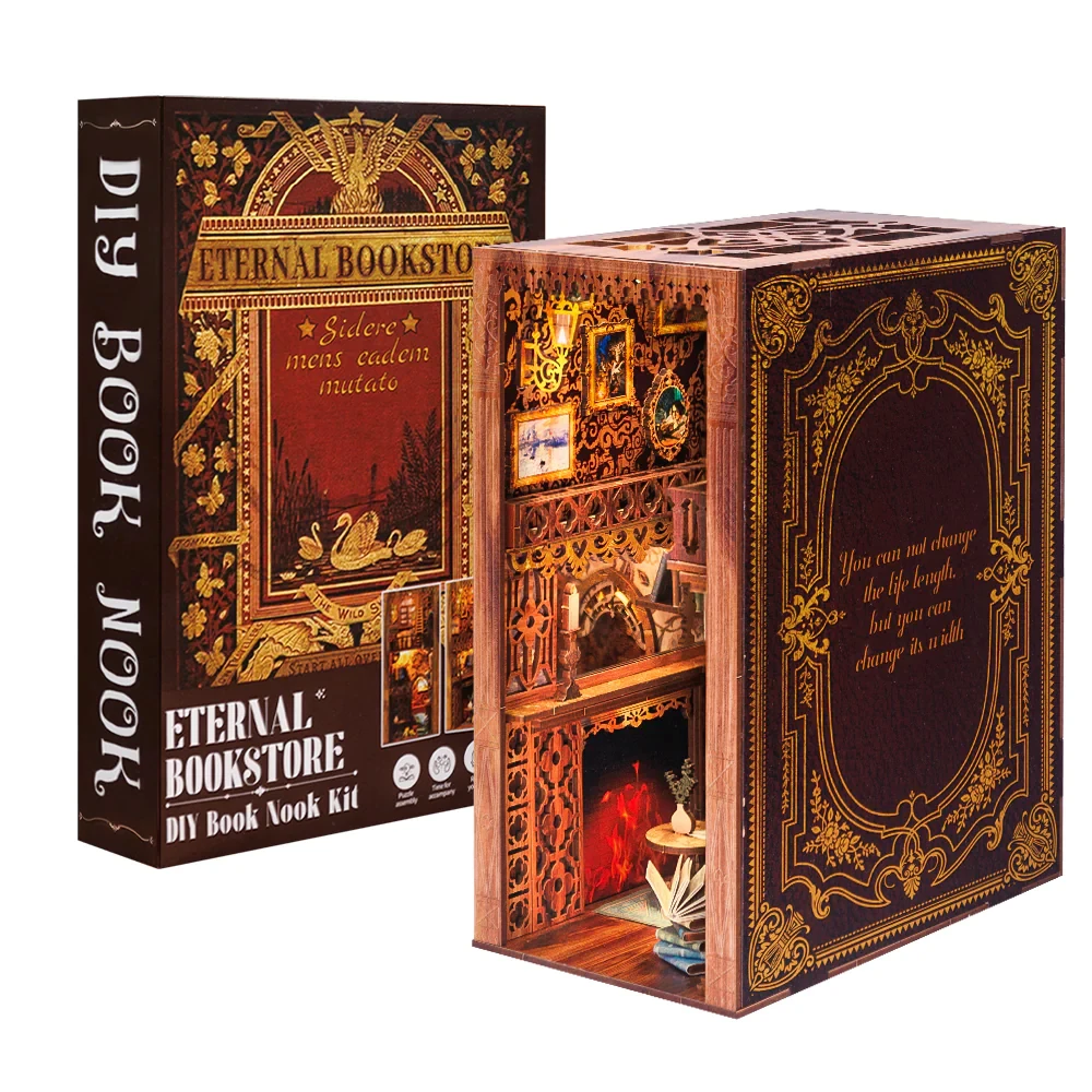 CUTEBEE Wooden Dollhouse Kit Miniature Doll House Kits Booknook Bookshelf Book Nook with Dust Cover Bookends Christmas Gift 6