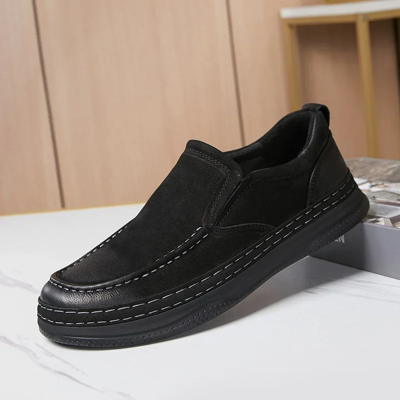 

2024 New Brushed Genuine Leather Loafers for Men Casual Shoes Autumn Comfortable Thick Sole Sewing Footwear Black Brown M6816